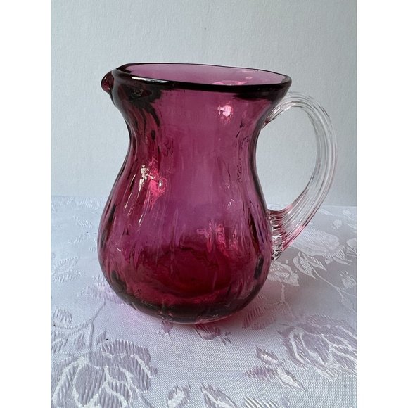 Vtg Pilgrim Cranberry Hand Blown Glass Applied Handle Creamer Pitcher - Picture 3 of 6